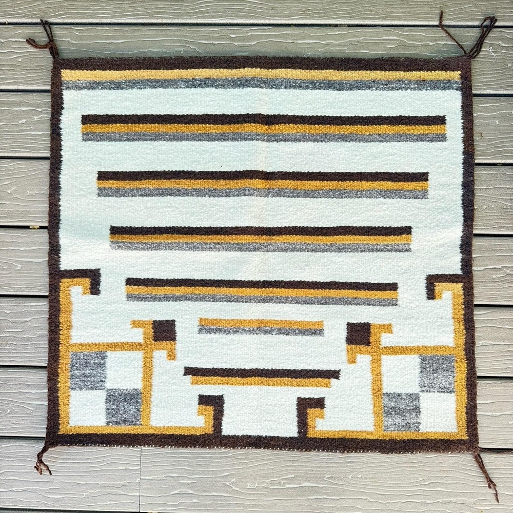 Vintage Navajo Handwoven Wool Rug Geometric Brown Gray Ivory 33x31 Southwest